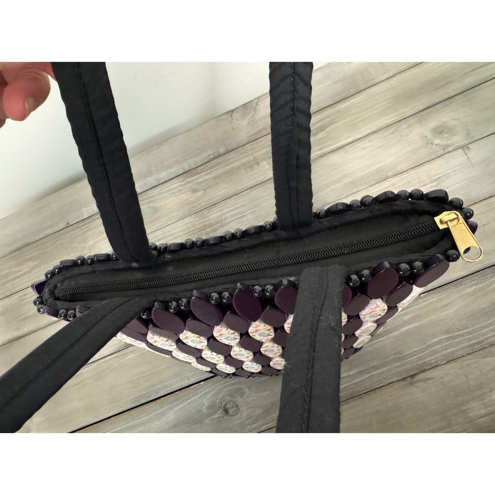 Handcrafted Purple Wood Petal Floral Beaded Tote Bag Boho Cottagecore Bag - Picture 4 of 13
